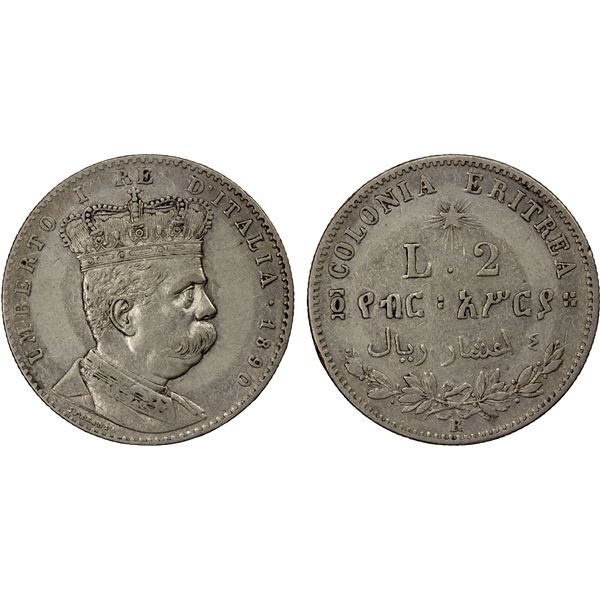 ERITREA: Umberto I, 1889-1900, AR 2 lire, 1890-R, VF-EF