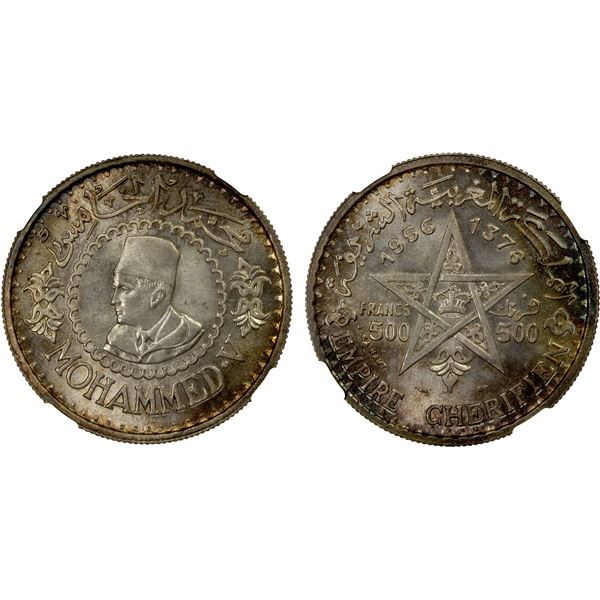 MOROCCO: Mohammed V, 1956-1962, AR 500 francs, Paris, 1956//AH1376, NGC graded MS66