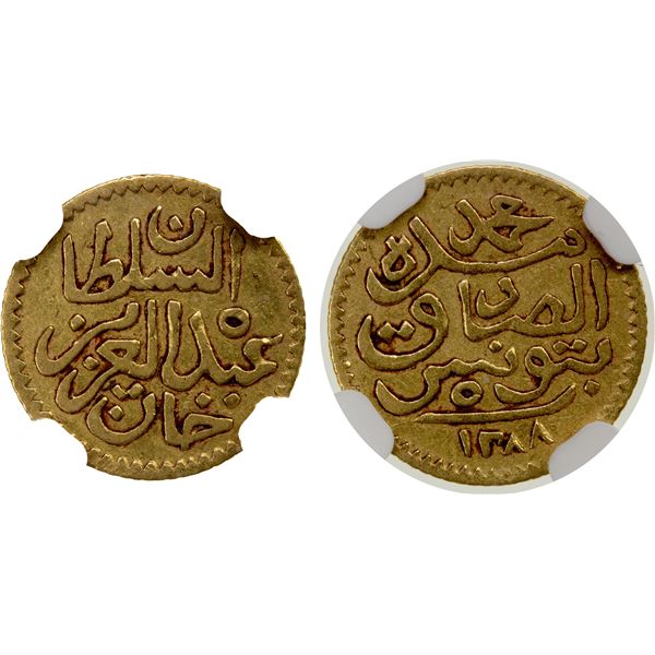 TUNISIA: Muhammad al-Sadiq Bey, 1859-1882, AV 5 piastres, Tunis, AH1288, NGC graded XF45