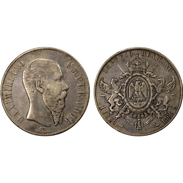 MEXICO: Maximiliano, 1864-1867, AR peso, 1866-Mo, F-VF