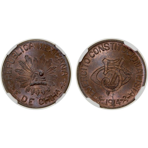 MEXICO: Revolutionary Issue, AE 5 centavos, Chihuahua, 1914, NGC graded MS65 RB