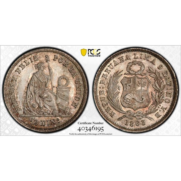 PERU: Republic, AR 1/2 dinero, Lima, 1863, PCGS graded MS67