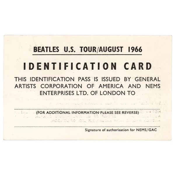 Beatles 1966 US Tour ID Card