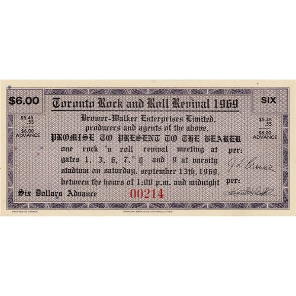 John Lennon and Yoko Ono 1969 Toronto Rock and Roll Revival Ticket