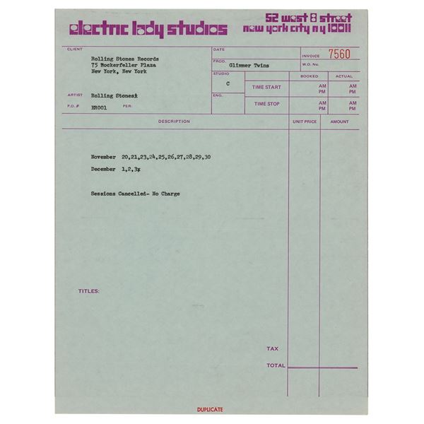 Rolling Stones 1969 Jimi Hendrix‚Äôs Electric Lady Studios Recording Sessions Invoice