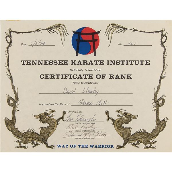 Elvis Presley Signed 1974 Tennessee Karate Institute Rank Certificate