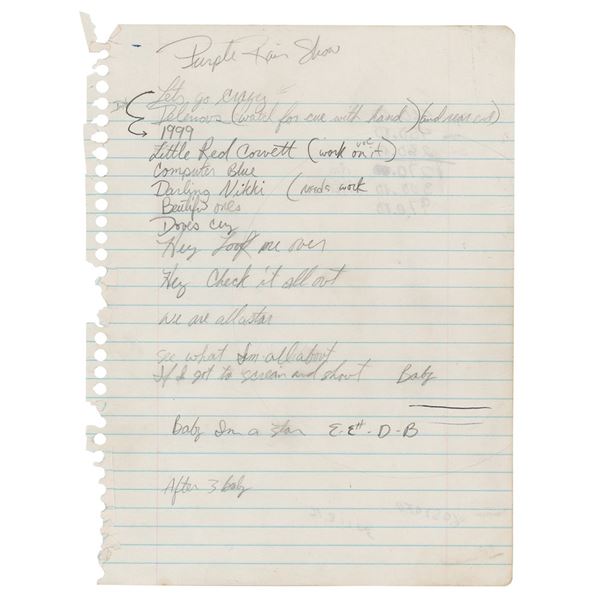 Prince Handwritten Set List and Song Lyrics