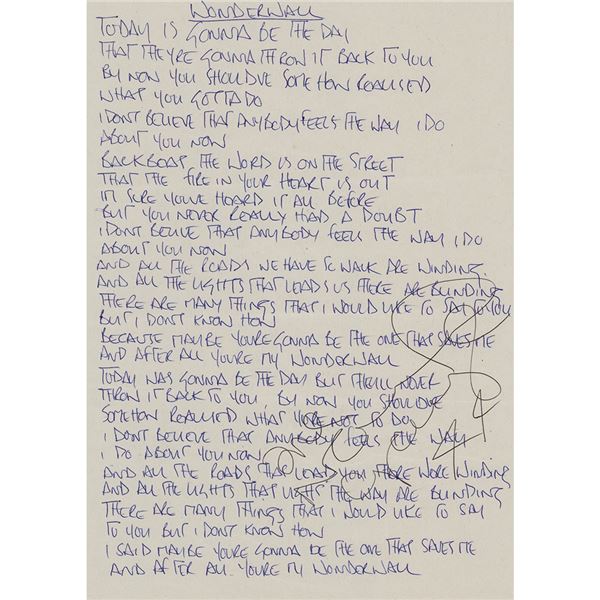 Oasis: Noel Gallagher Handwritten and Signed Lyrics for 'Wonderwall'