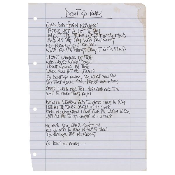 Oasis: Noel Gallagher Handwritten Lyrics for 'Don't Go Away'