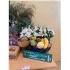 Image 3 : Side Table, 24"x 24" x 24", and Home Decor of Artificial Flowers and Fruit