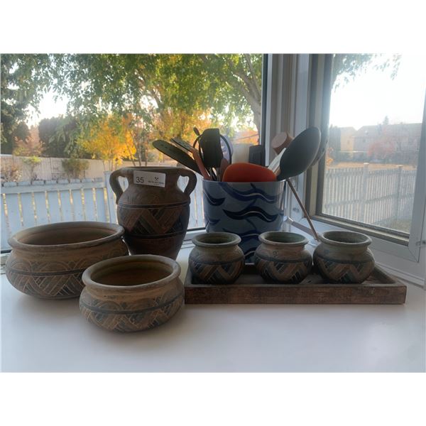 Set of Decorative Pottery and Large Container of Kitchen Utensils