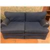 Image 1 : Denim-Upholstered Lovesest  (65" x 35" x 28") and Sofa (80" x 35" x 28"), One Tear