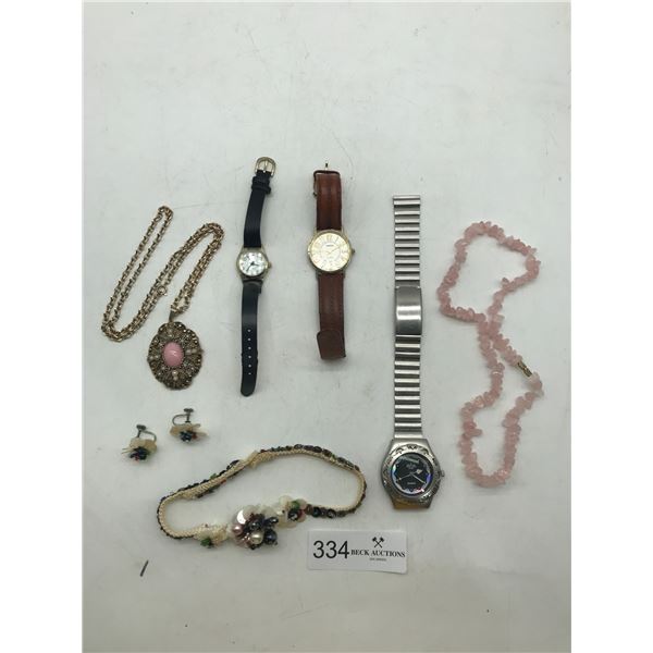 Assortment of Costume Jewlery, Watches ,And Watch Parts