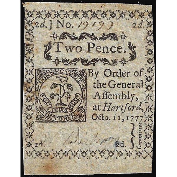 October 11, 1777 Connecticut Two Pence Colonial Currency Note