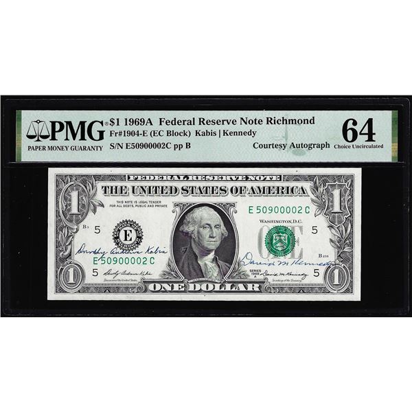 1969A $1 Federal Reserve Note PMG Choice Uncirculated 64 Dual Courtesy Autograph