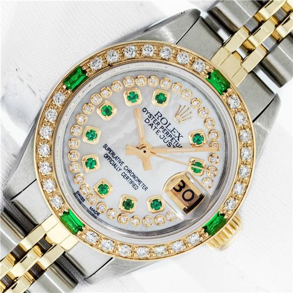 Rolex Ladies Two Tone Diamond and Emerald Datejust Wristwatch