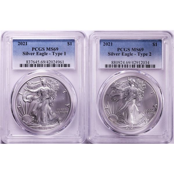 Lot of (2) 2021 Type 1 & 2 $1 American Silver Eagle Coins PCGS MS69