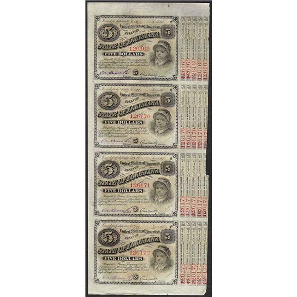 Uncut Sheet of (4) State of Louisiana Baby Bond Obsolete Notes