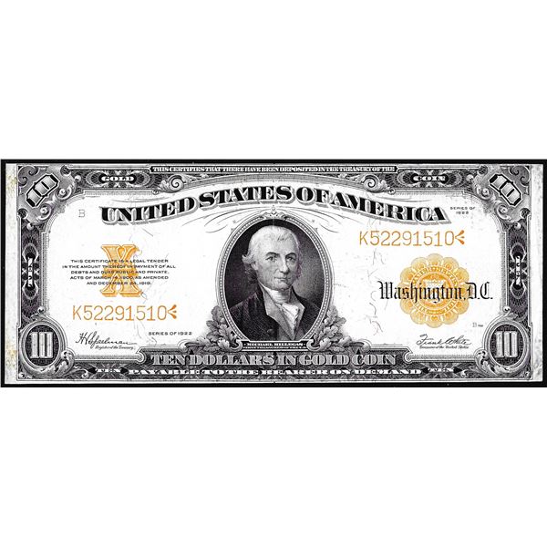 1922 $10 Gold Certificate Note