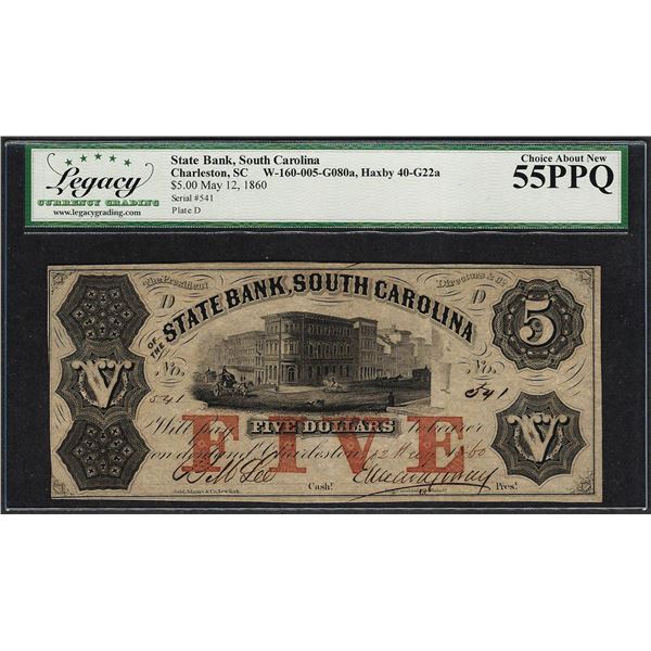 1860 $5 State Bank South Carolina Obsolete Note Legacy Choice About New 55PPQ