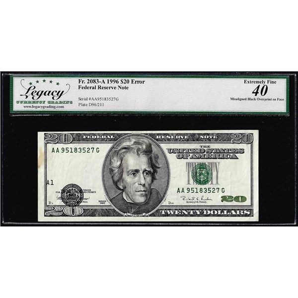 1996 $20 Federal Reserve Note Misaligned Overprint Error Legacy Extremely Fine 40