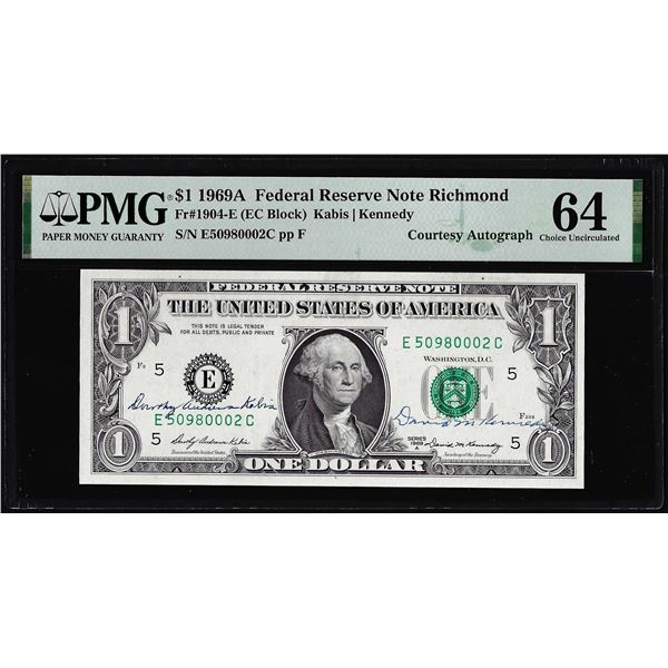 1969A $1 Federal Reserve Note PMG Choice Uncirculated 64 Dual Courtesy Autograph