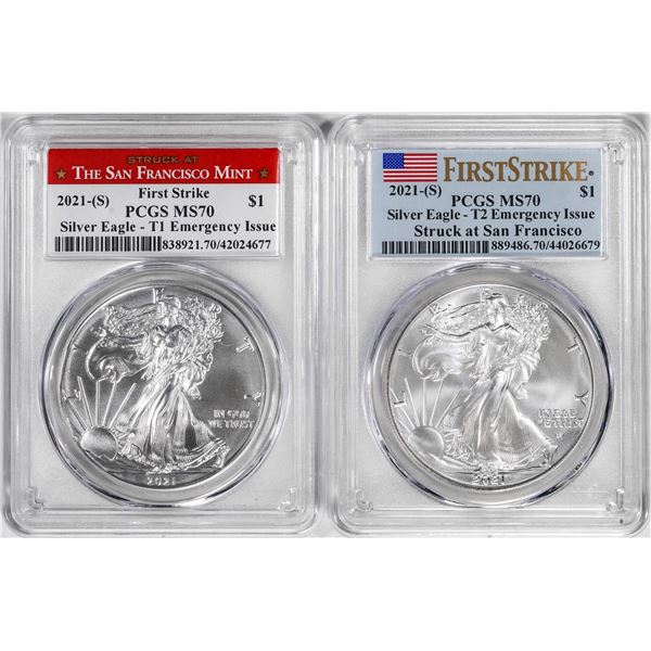 Lot of 2021-(S) Type 1 & 2 $1 American Silver Eagle Coins PCGS MS70 First Strike