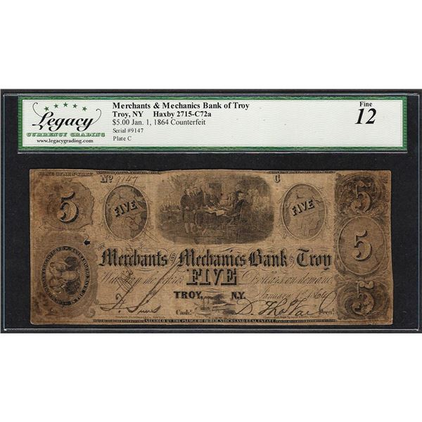 1864 $5 Merchants & Mechanics Bank of Troy NY Cont. Counterfeit Note Legacy Fine 12