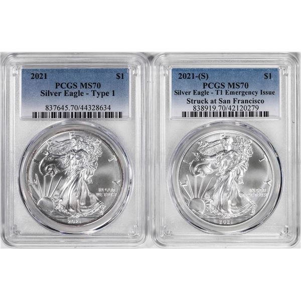 Lot of 2021 & 2021-(S) Type 1 $1 American Silver Eagle Coins PCGS MS70