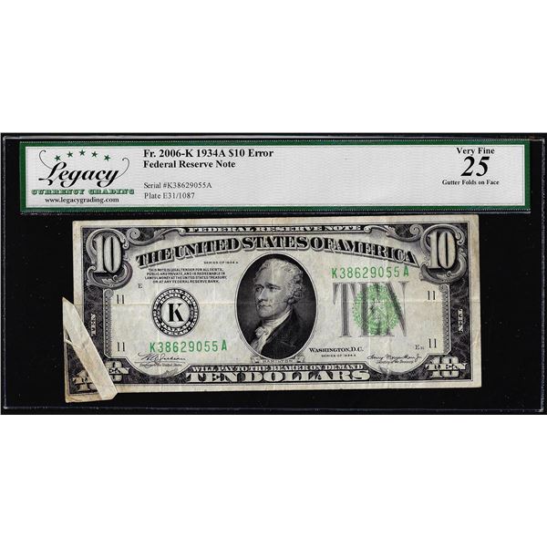 1934A $10 Federal Reserve Note Gutter Fold Error Legacy Very Fine 25