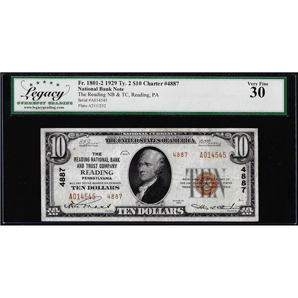 1929 $10 NB Reading, PA CH# 4887 Fr.1801-2 National Currency Note Legacy Very Fine 30