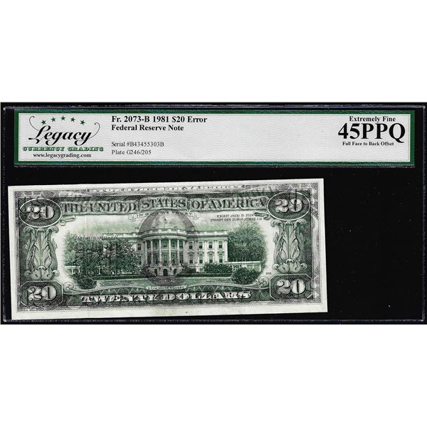1981 $20 Federal Reserve Note Full Face to Back Offset Error Legacy Extremely Fine 45PPQ
