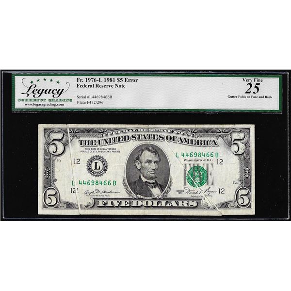1981 $5 Federal Reserve Note Gutter Fold Error Legacy Very Fine 25