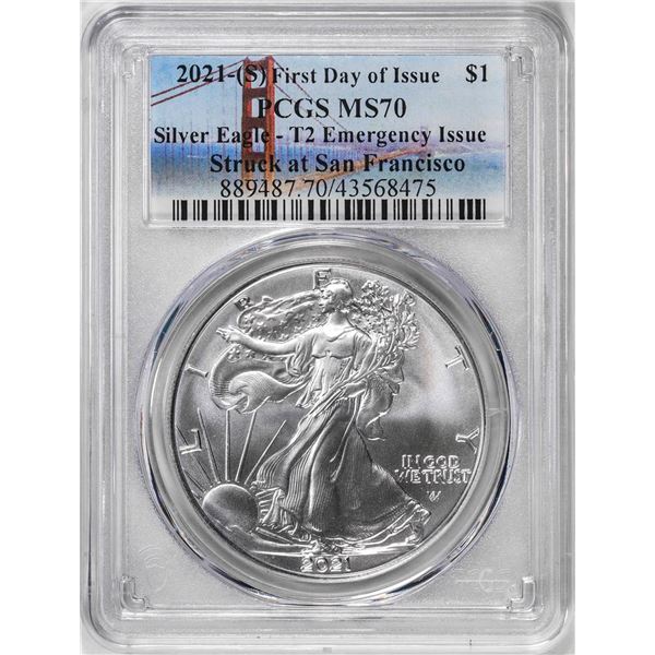 2021-(S) Type 2 $1 American Silver Eagle Coin PCGS MS70 First Day of Issue Emergency
