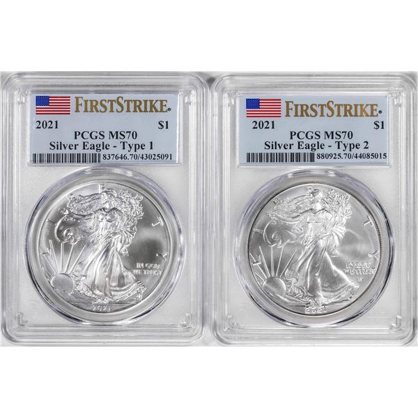 Lot of 2021 Type 1 & Type 2 $1 American Silver Eagle Coins PCGS MS70 First Strike