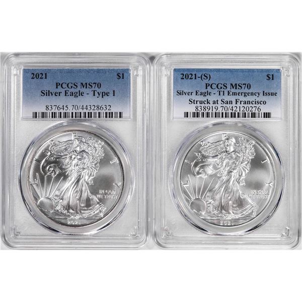 Lot of 2021 & 2021-(S) Type 1 $1 American Silver Eagle Coins PCGS MS70