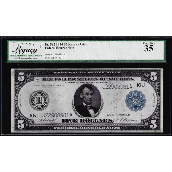 1914 $5 Federal Reserve Note Kansas City Fr.882 Legacy Very Fine 35