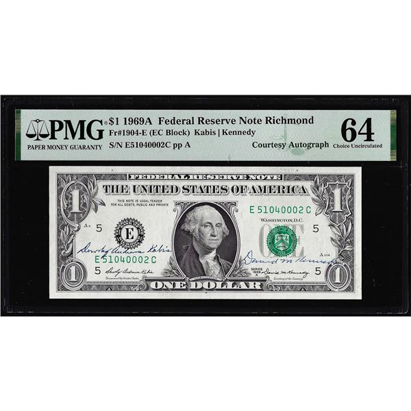 1969A $1 Federal Reserve Note PMG Choice Uncirculated 64 Dual Courtesy Autograph