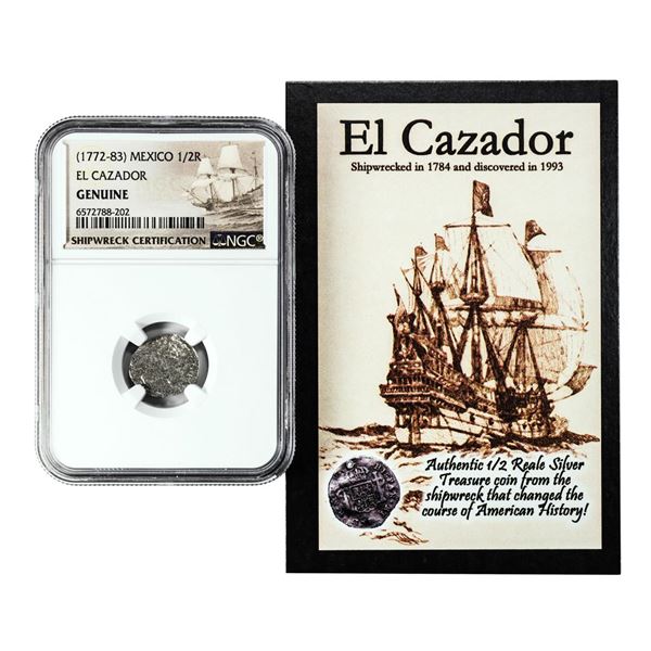 El Cazador Shipwreck (1772-83) Mexico 1/2 Real Silver Coin NGC Genuine w/ Story Card