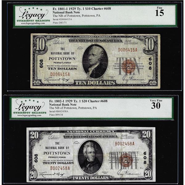 Lot of (2) 1929 $10 Posttown, PA CH# 608 National Currency Note Legacy Fine 15/ VF30