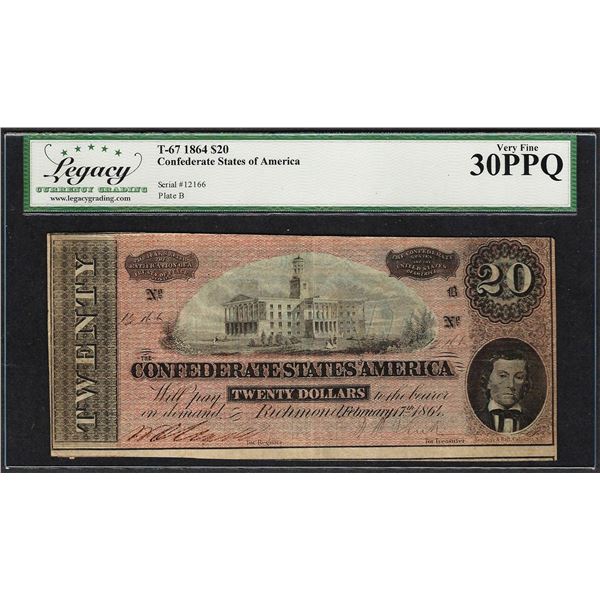 1864 $20 Confederate States of America Note T-67 Legacy Very Fine 30PPQ