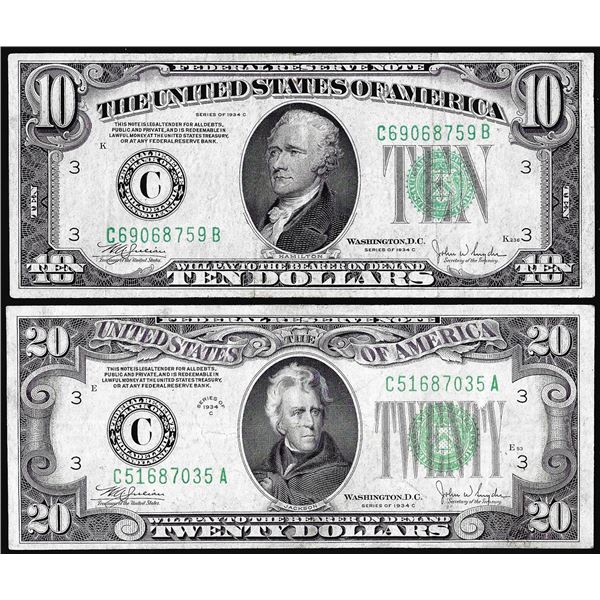 Lot of 1934C $10 & $20 Federal Reserve Notes Philadelphia