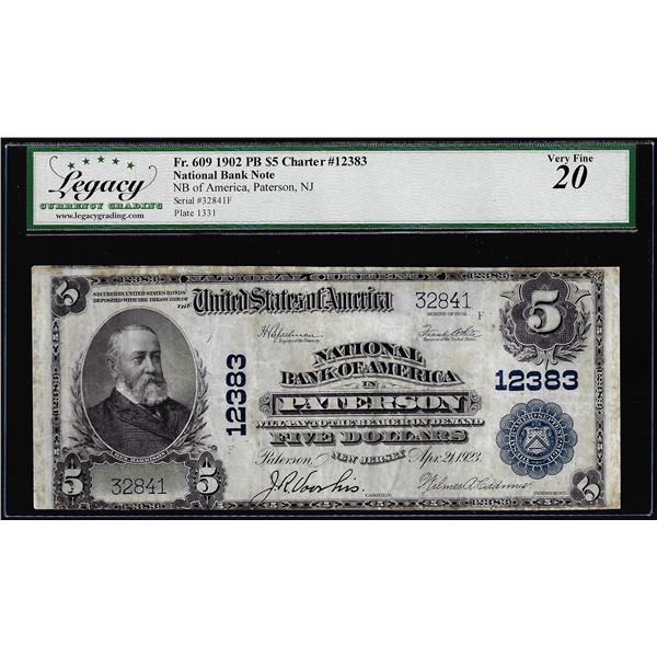 1902 $5 NB of America Paterson, NJ CH# 12383 Fr.609 National Currency Note VF20