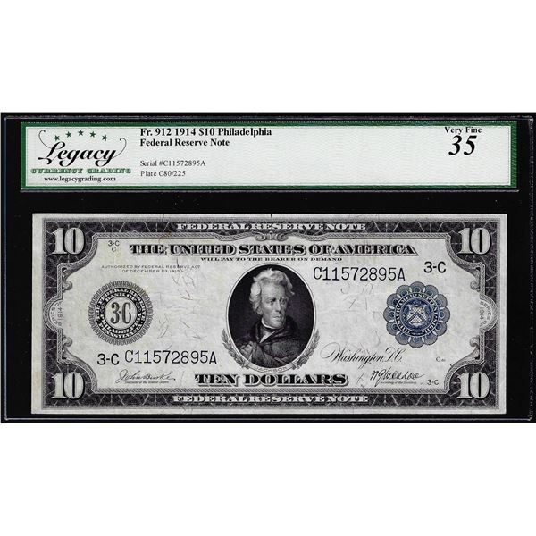 1914 $10 Federal Reserve Note Philadelphia Fr.912 Legacy Very Fine 35