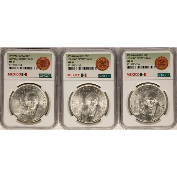 Lot of (3) 1953Mo Mexico 5 Pesos Hidalgo Bicentennial Silver Coins NGC MS63/MS64