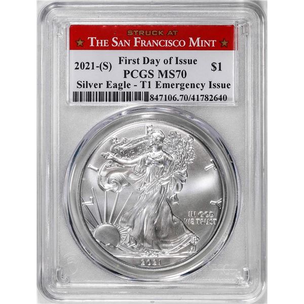 2021-(S) Type 1 $1 American Silver Eagle Coin PCGS MS70 First Day of Issue Emergency
