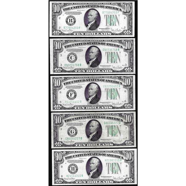 Lot of (5) 1934A $10 Federal Reserve Notes