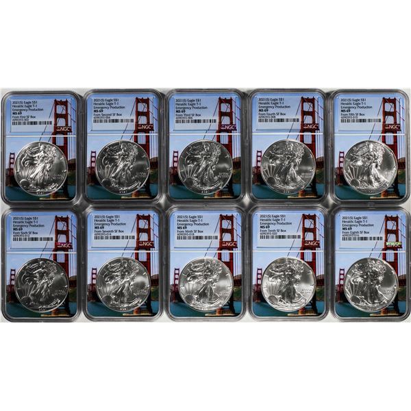 Lot of (10) 2021-(S) Ty. 1 $1 American Silver Eagle Coin NGC MS69 First 1-10 Boxes