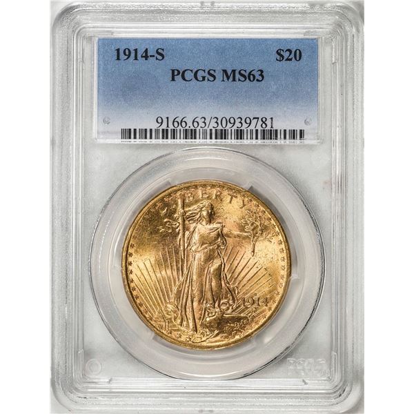 1914-S $20 St. Gaudens Double Eagle Gold Coin PCGS MS63