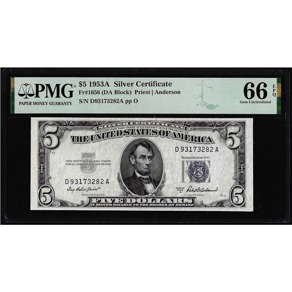 1953A $5 Silver Certificate Note Fr.1656 PMG Gem Uncirculated 66EPQ